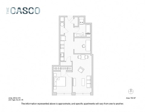 Floor plan for 1 bed, 1 bath, 784 sqft